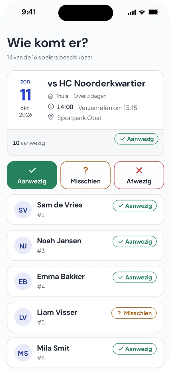 Het scherm ‘Wie komt er?’ in iiCaptain, met 14 van de 16 spelers beschikbaar voor de wedstrijd van zondag tegen HC Noorderkwartier.