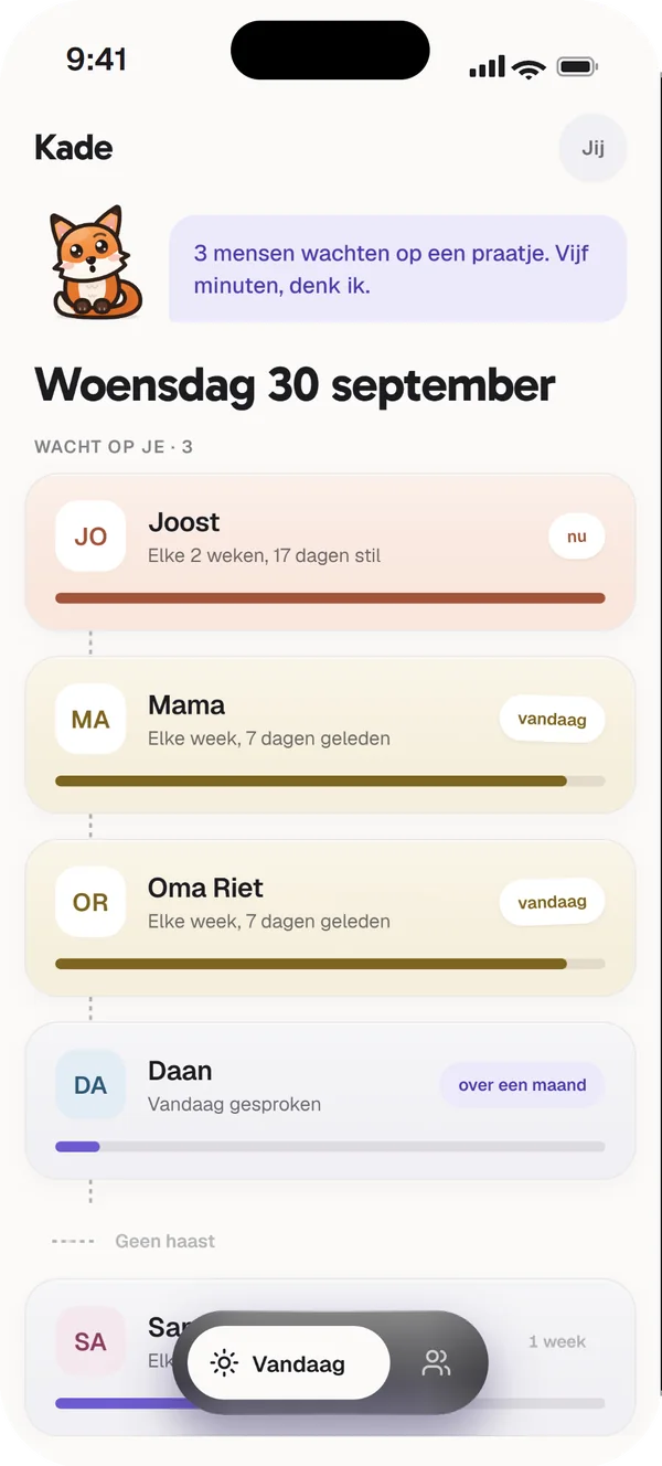 Het Vandaag-scherm van Kade, waarin de vos meldt dat drie mensen op een praatje wachten.